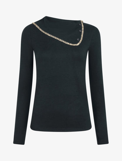 Pull fin à col fantaisie à revers - Noir - 1