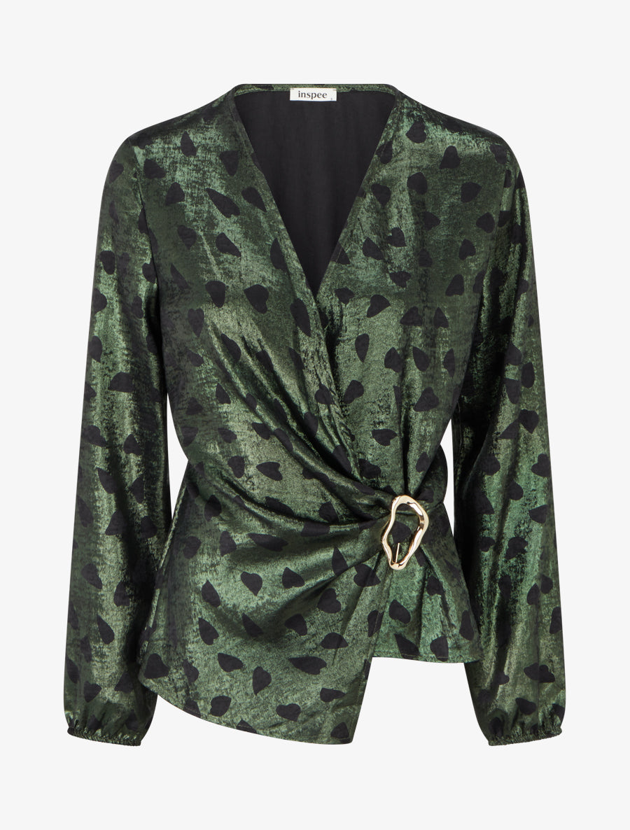 Blouse irisée élastiquée à imprimé coeurs - Kaki - 1