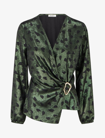 Blouse irisée élastiquée à imprimé coeurs - Kaki - 1