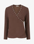 Pull fin à col cache-coeur orné de perles - Marron - 1