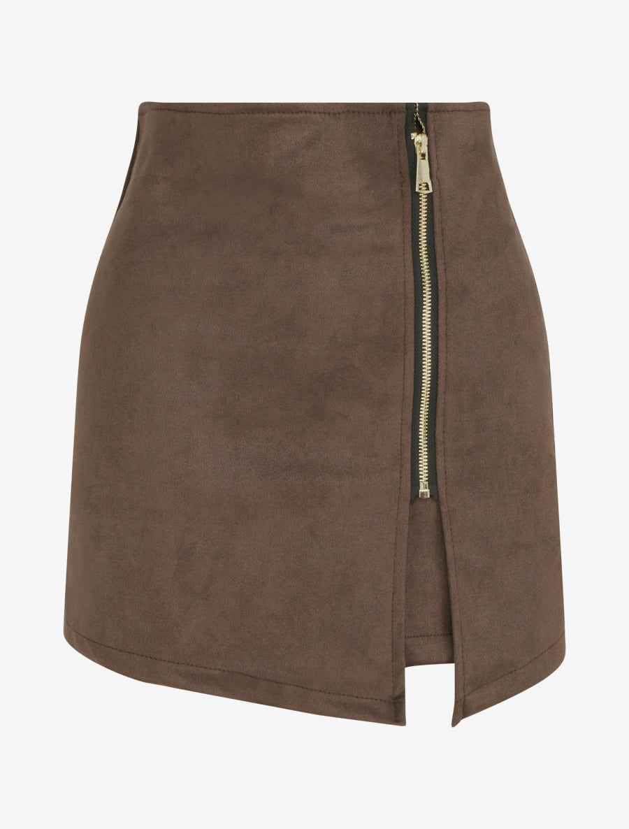 Jupe short suédine taille haute zippée - Marron