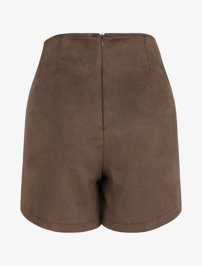 Jupe short suédine taille haute zippée - Marron