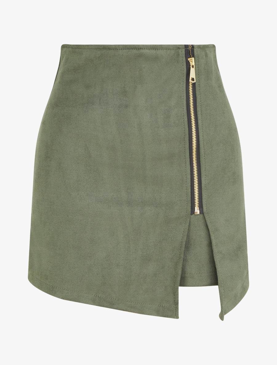 Jupe short taille haute en suédine - Kaki