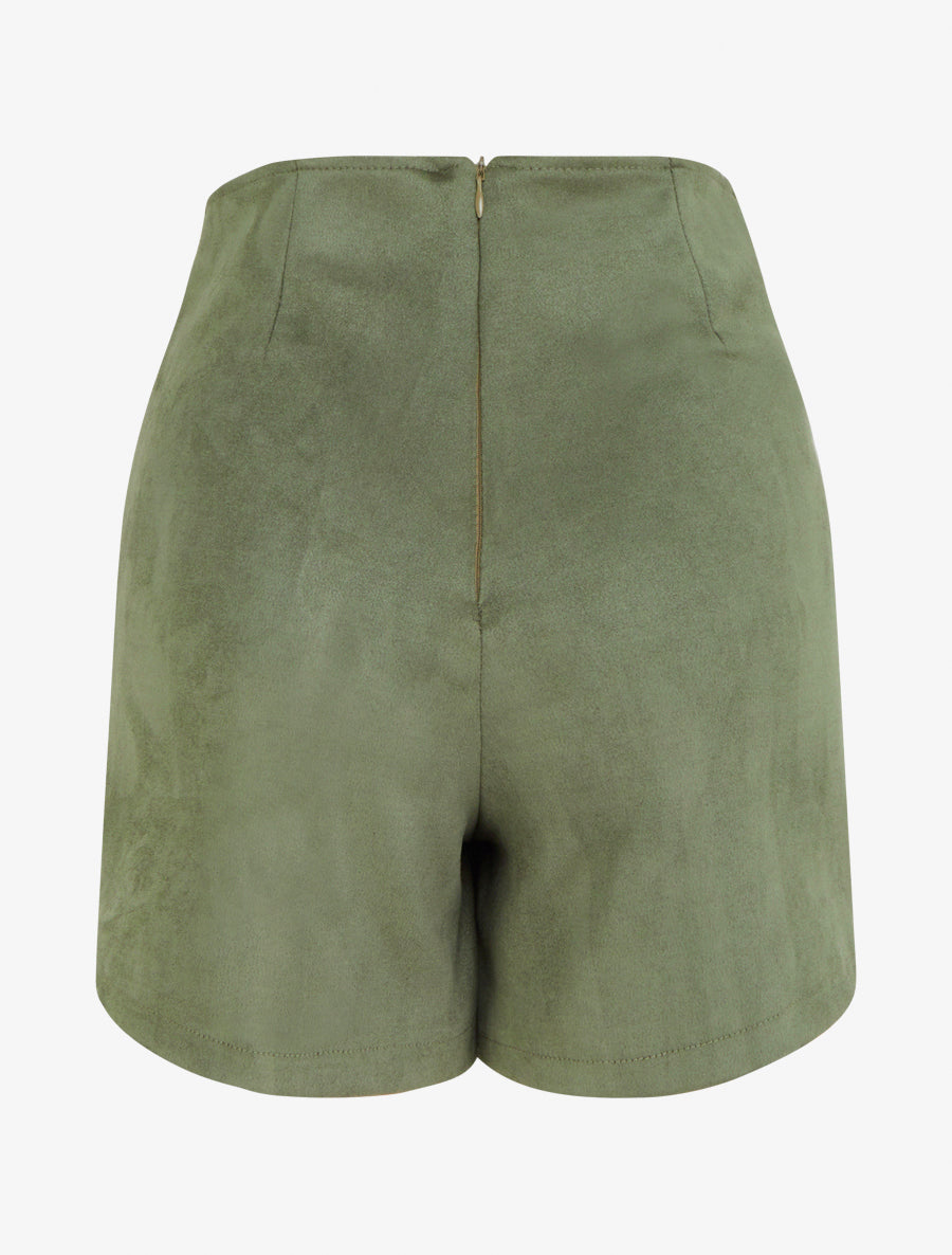 Jupe short taille haute en suédine - Kaki