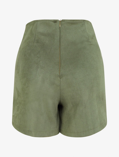 Jupe short taille haute en suédine - Kaki