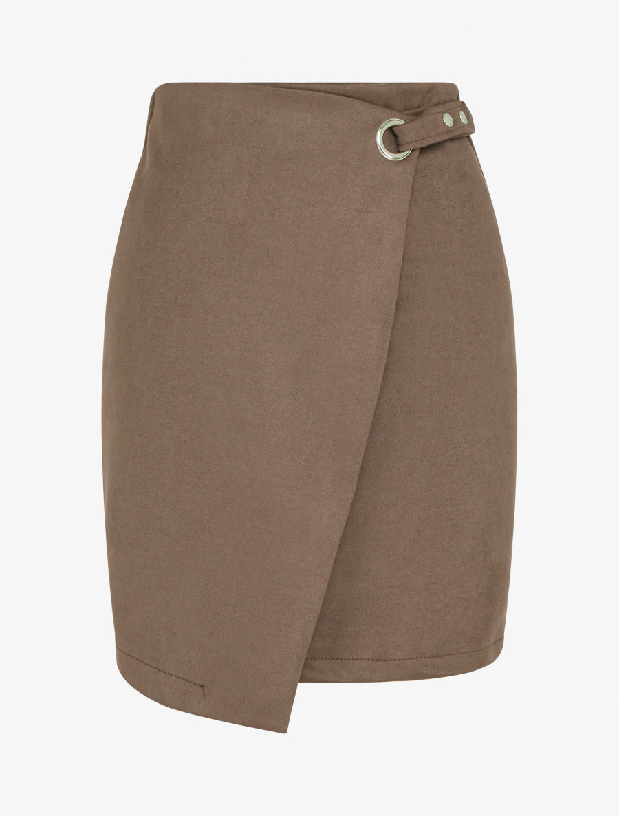 Jupe portefeuille suédine à œillet - Marron