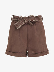 Short en suédine à ceinture brodée - Marron - 1