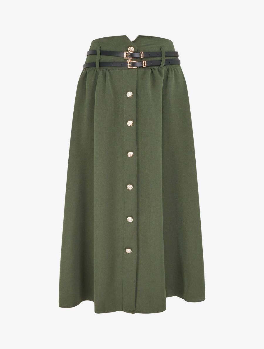 Jupe midi à double ceinture - Kaki - 1