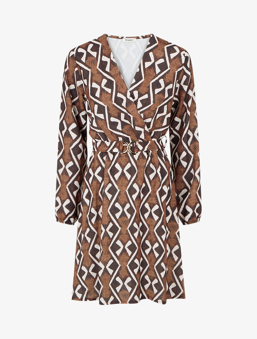 Robe élastiquée à imprimé éthnique - Marron - 1