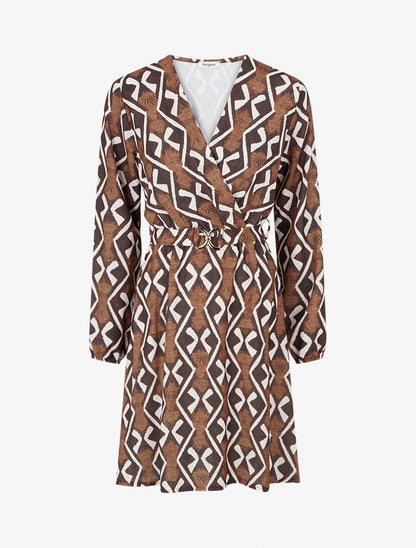 Robe élastiquée à imprimé éthnique - Marron - 1