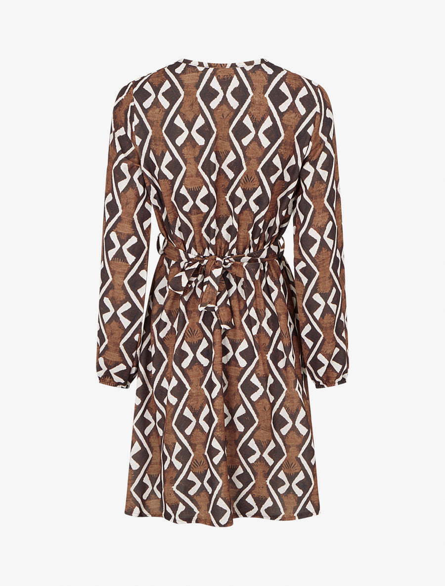 Robe élastiquée à imprimé éthnique - Marron - 2
