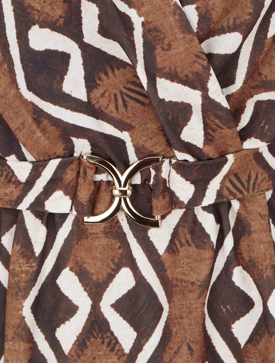 Robe élastiquée à imprimé éthnique - Marron - 3