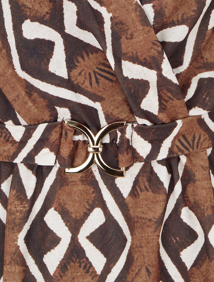 Robe élastiquée à imprimé éthnique - Marron - 3