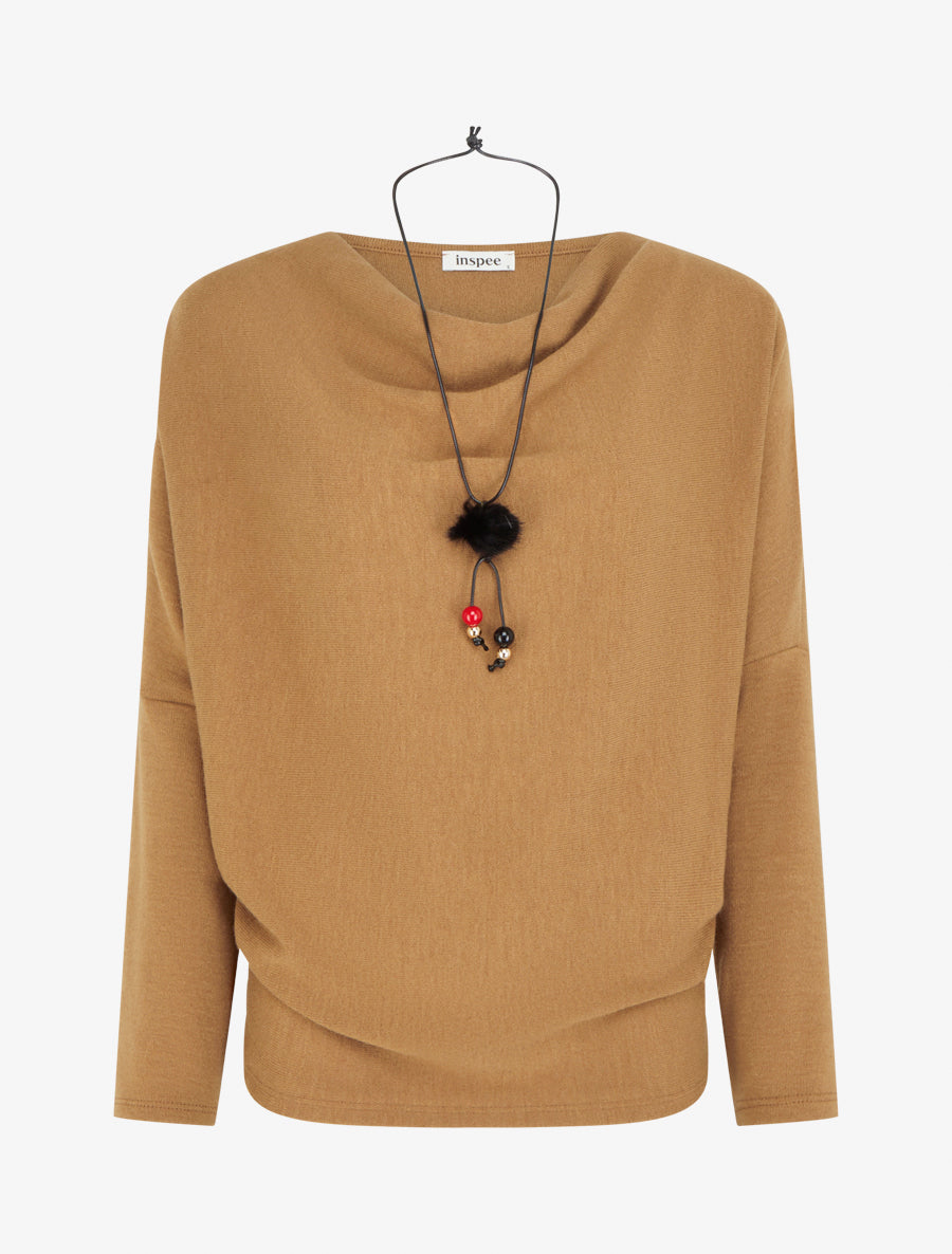 Pull fin uni à col bénitier - Camel - 1