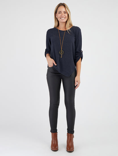 Pull asymétrique col rond manches retroussables - Marine