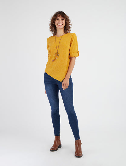 Pull asymétrique col rond manches retroussables - Jaune moutarde