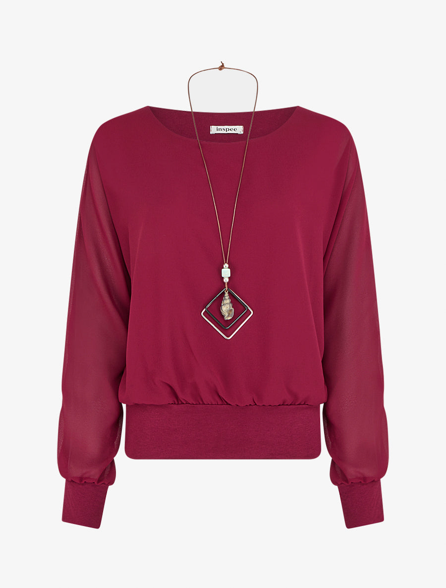 Blouse unie en voile à manches longues - Lie de vin - 1