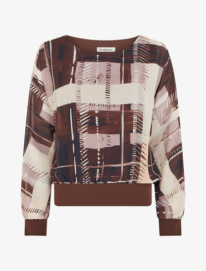 Blouse en voile imprimé abstrait - Marron - 1