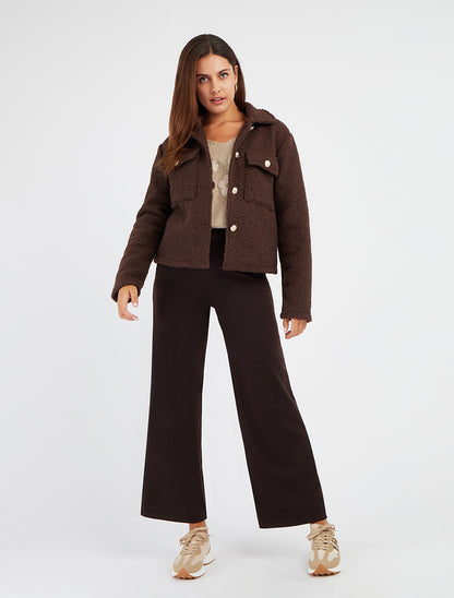 Manteau court effet laine bouclée - Chocolat - 8