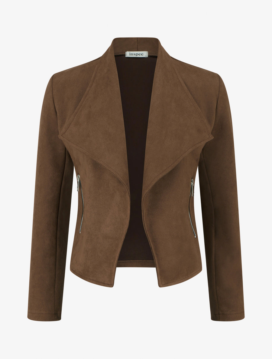 Veste suédine col droit poches zippées - Marron