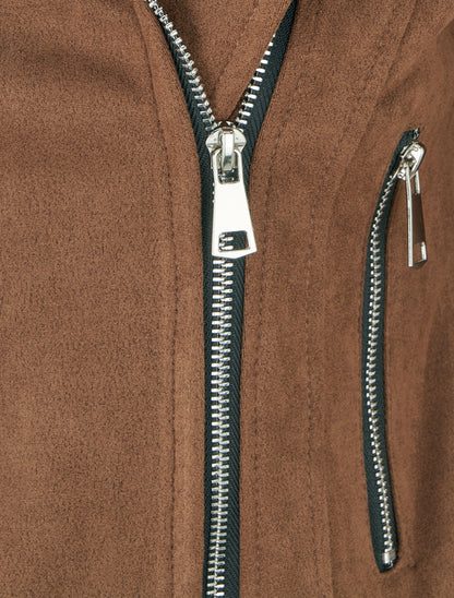 Veste suédine col cranté et poches zippées - Marron