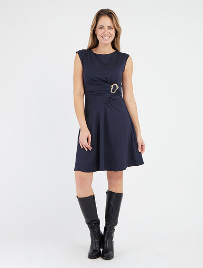Robe patineuse taille plissée à boucle - Marine
