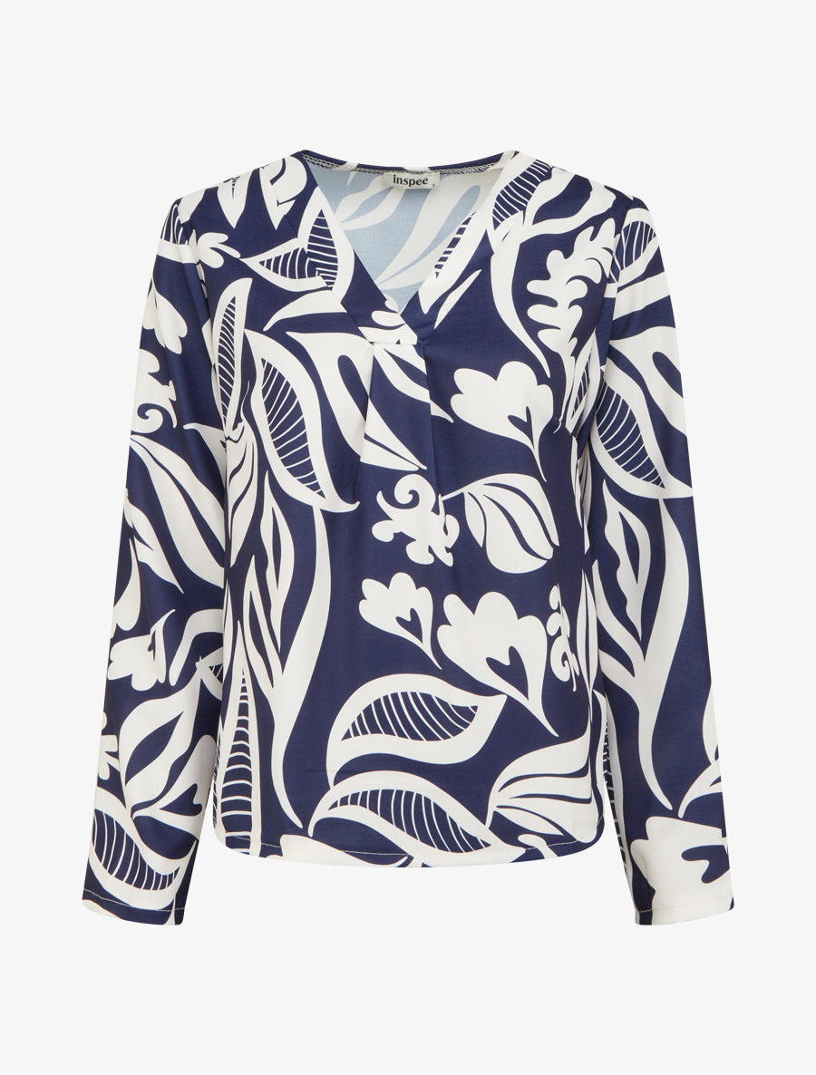 Blouse droite col V imprimé fantaisie - Marine - 1