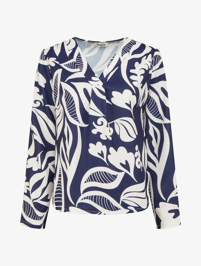 Blouse droite col V imprimé fantaisie - Marine - 1