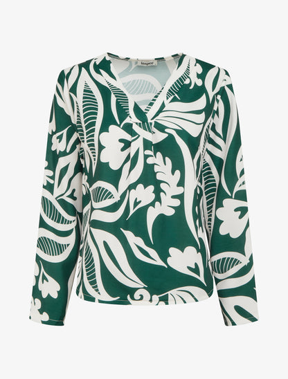 Blouse droite col V imprimé fantaisie - Vert foncé - 1