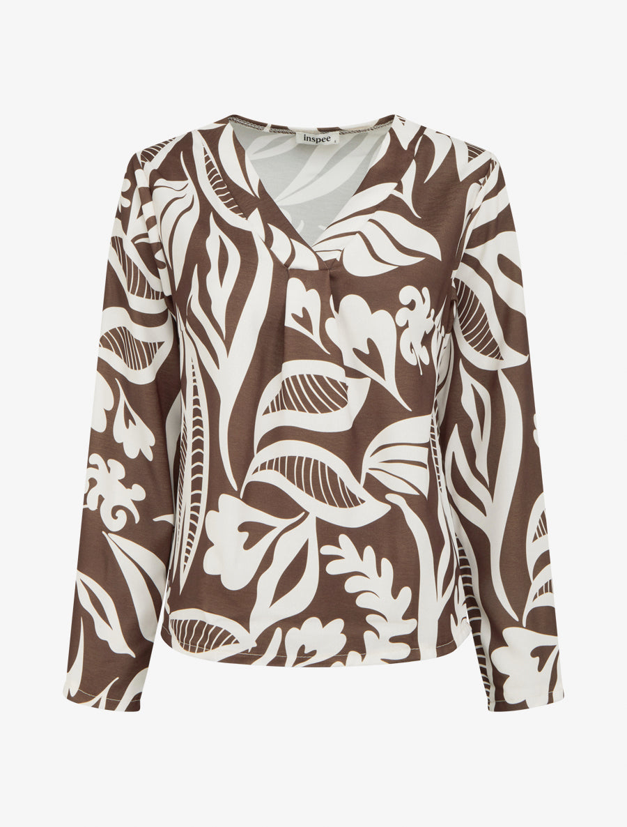 Blouse droite col V imprimé fantaisie - Marron - 1