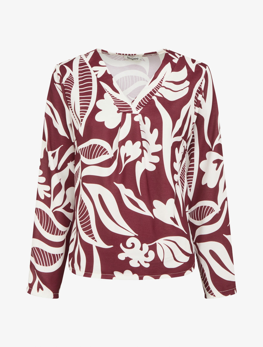Blouse droite col V imprimé fantaisie - Bordeaux - 1
