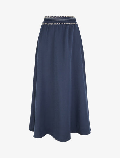 Jupe longue unie à détail brodé - Marine - 1