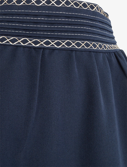 Jupe longue unie à détail brodé - Marine - 3
