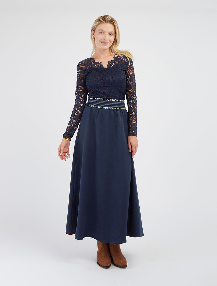 Jupe longue unie à détail brodé - Marine - 8