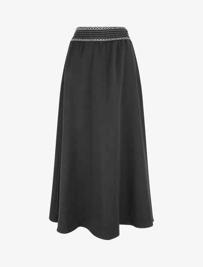 Jupe longue unie à détail brodé - Noir - 1