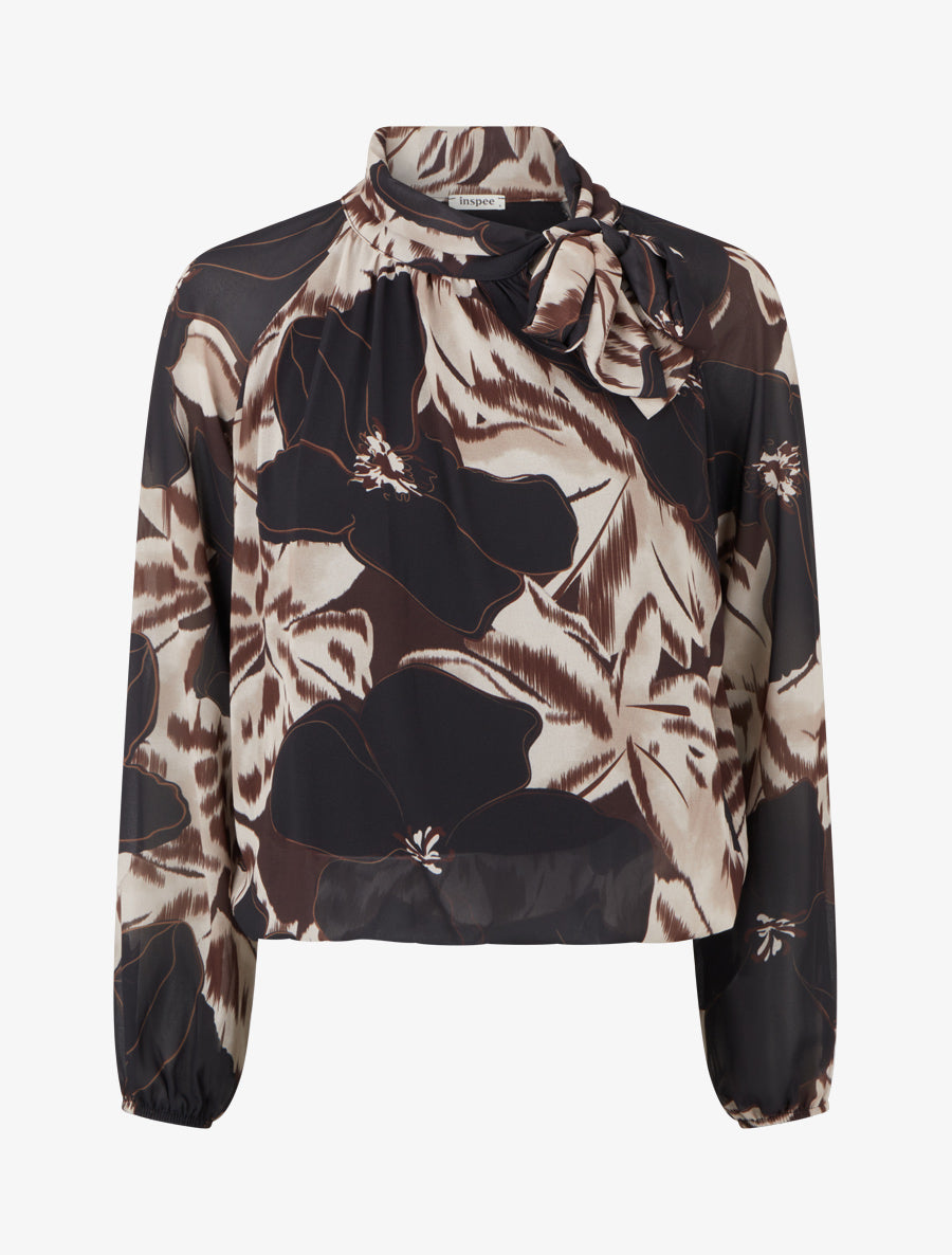 Blouse en voile imprimé floral à nouer - Noir - 1