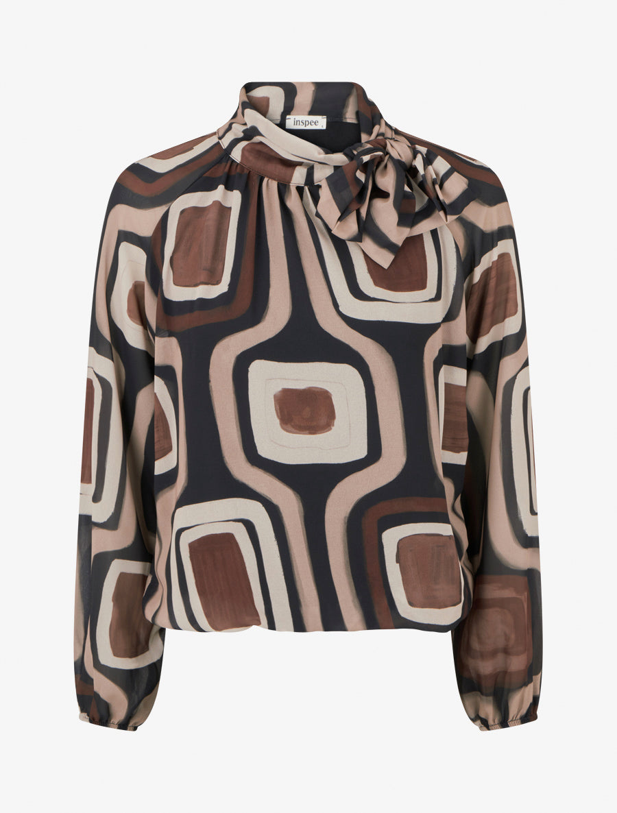 Blouse en voile imprimé rétro à nouer - Noir - 1