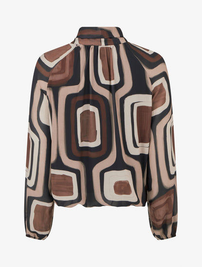 Blouse en voile imprimé rétro à nouer - Noir - 2