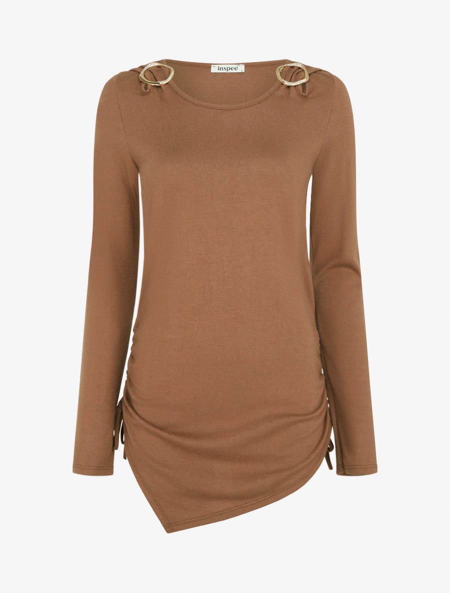 Pull droit à boucles strassées et bords asymétriques - Camel - 1