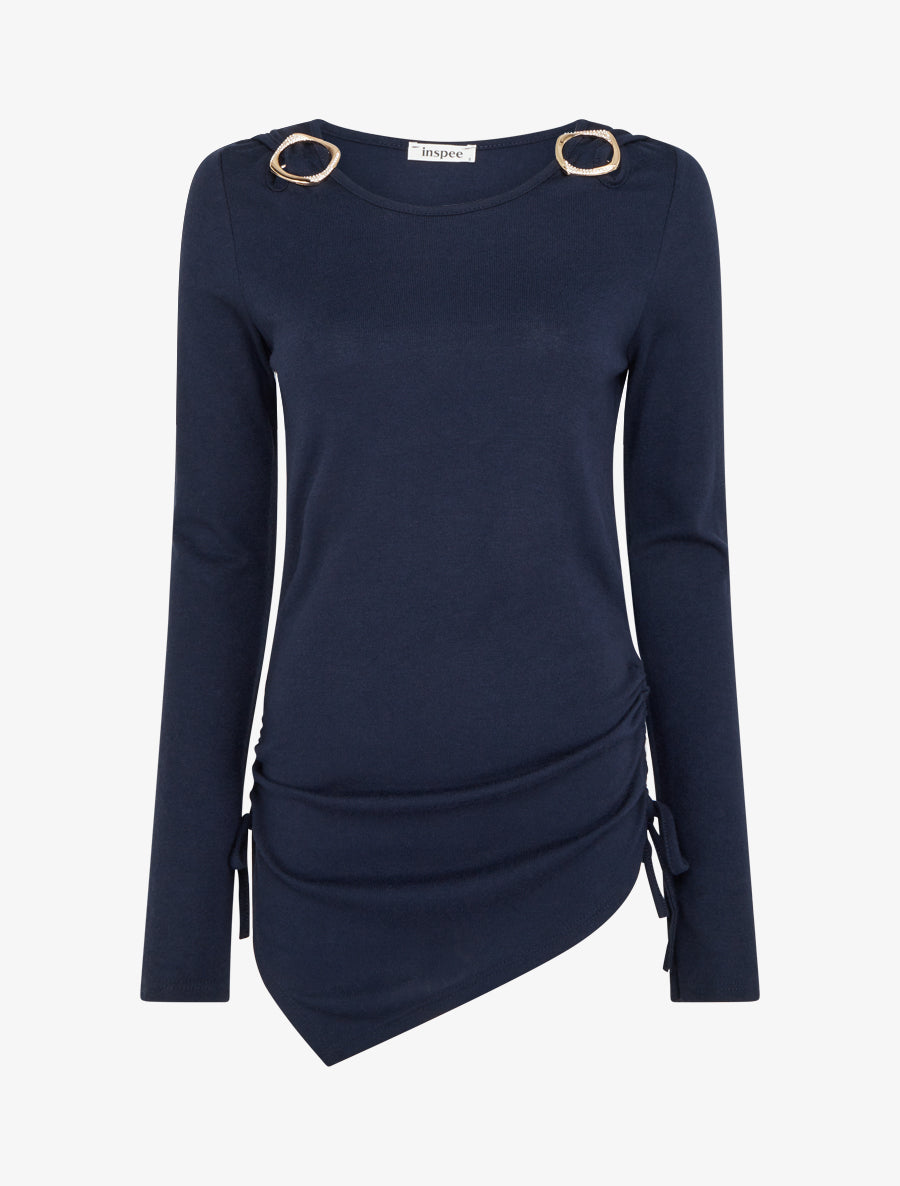 Pull droit à boucles strassées et bords asymétriques - Marine - 1