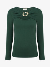 Pull fin à col rond ajouré à boucle - Vert foncé - 1