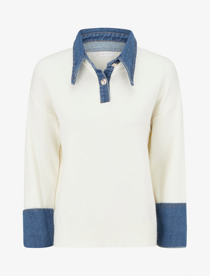 Pull uni à empiècement denim - Blanc - 1