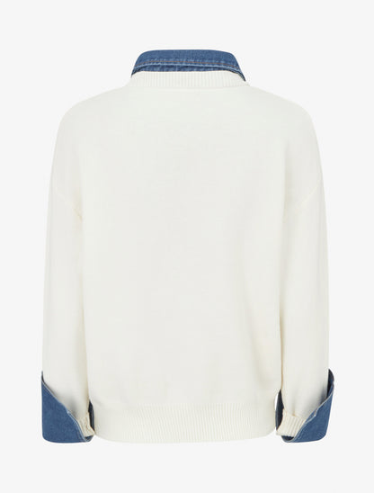 Pull uni à empiècement denim - Blanc - 2