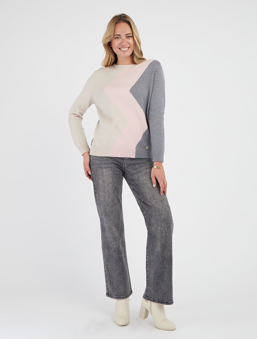 Pull droit à motif zig-zag color block - Gris