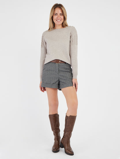 Pull uni encolure ronde effiloché - Taupe