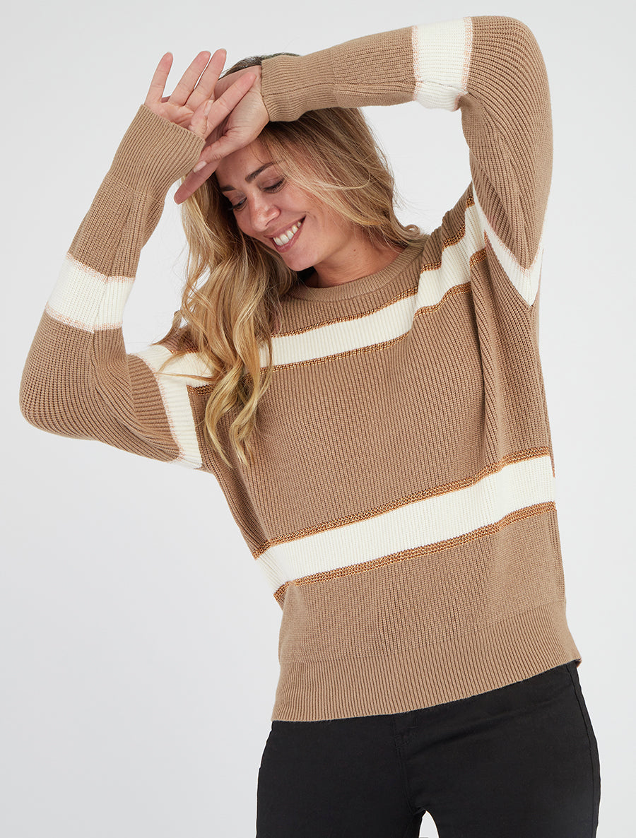 Pull maille rayures irisées col rond - Taupe