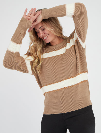 Pull maille rayures irisées col rond - Taupe