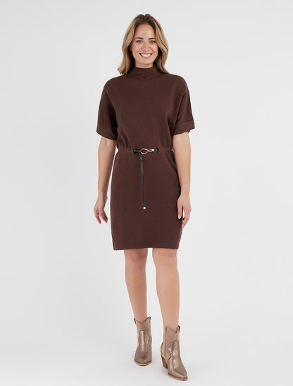 Robe pull droite à col montant - Marron