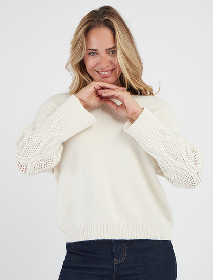 Pull encolure ronde manches ajourées - Écru