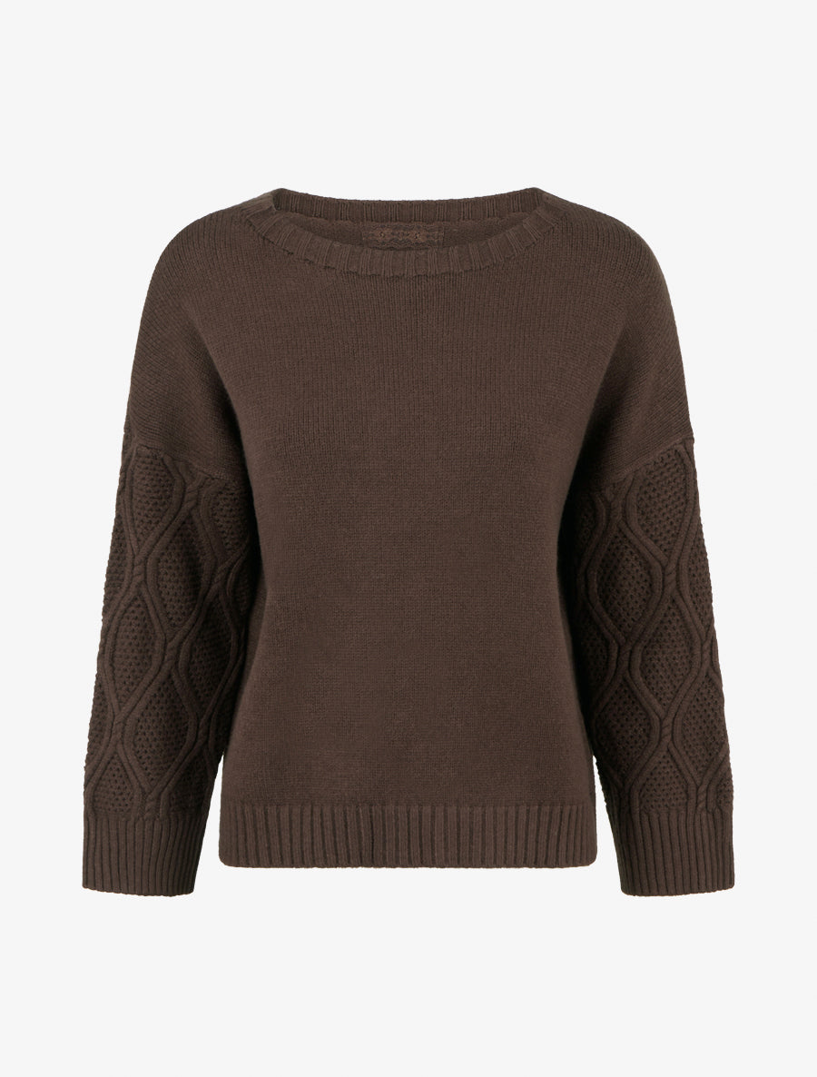 Pull uni à manches ajourées - Marron - 1